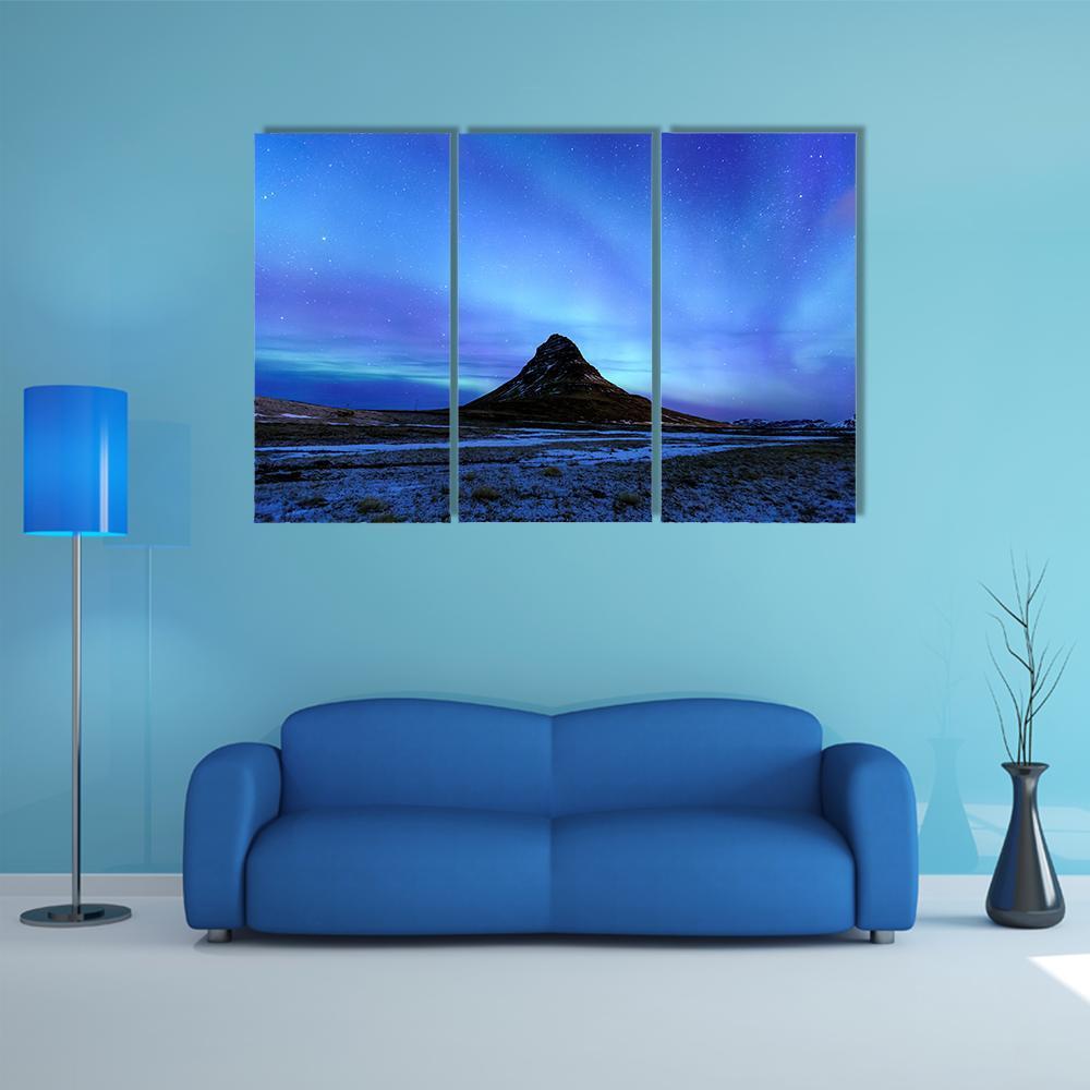 Mountain Kirkjufell & Aurora Canvas Wall Art-3 Horizontal-Gallery Wrap-37" x 24"-Tiaracle