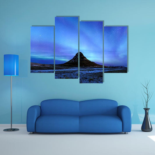 Mountain Kirkjufell & Aurora Canvas Wall Art-4 Pop-Gallery Wrap-50" x 32"-Tiaracle