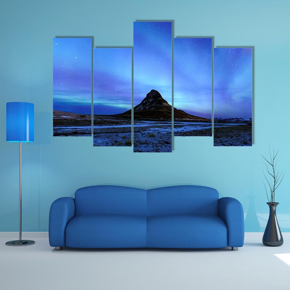Mountain Kirkjufell & Aurora Canvas Wall Art-5 Pop-Gallery Wrap-47" x 32"-Tiaracle
