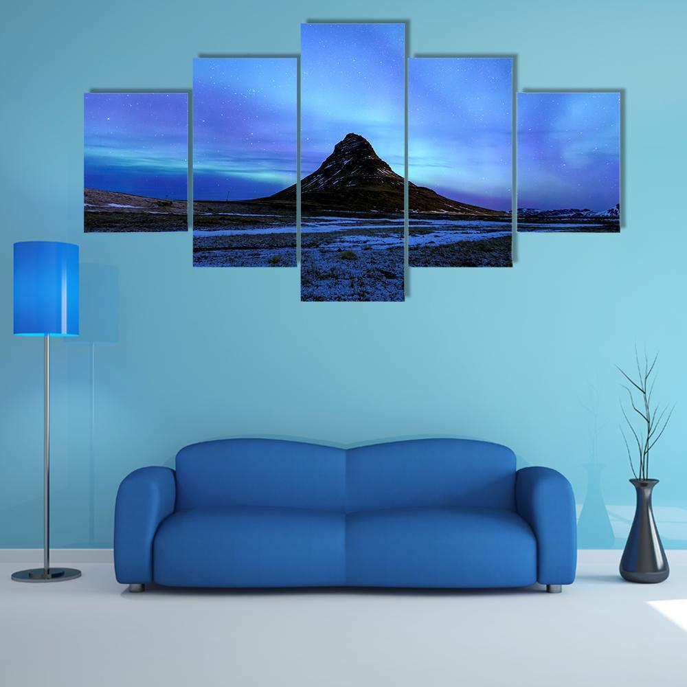 Mountain Kirkjufell & Aurora Canvas Wall Art-5 Star-Gallery Wrap-62" x 32"-Tiaracle