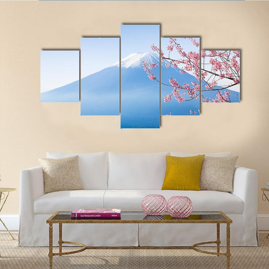 Mt Fuji & Cherry Blossom Canvas Wall Art-5 Star-Gallery Wrap-62" x 32"-Tiaracle