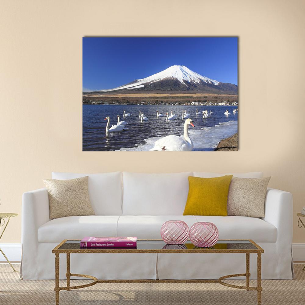 Swans Infront Of Mount Fuji Canvas Wall Art-1 Piece-Gallery Wrap-48" x 32"-Tiaracle