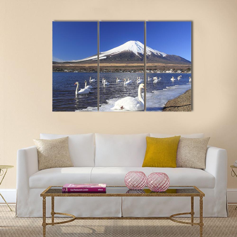 Swans Infront Of Mount Fuji Canvas Wall Art-3 Horizontal-Gallery Wrap-37" x 24"-Tiaracle