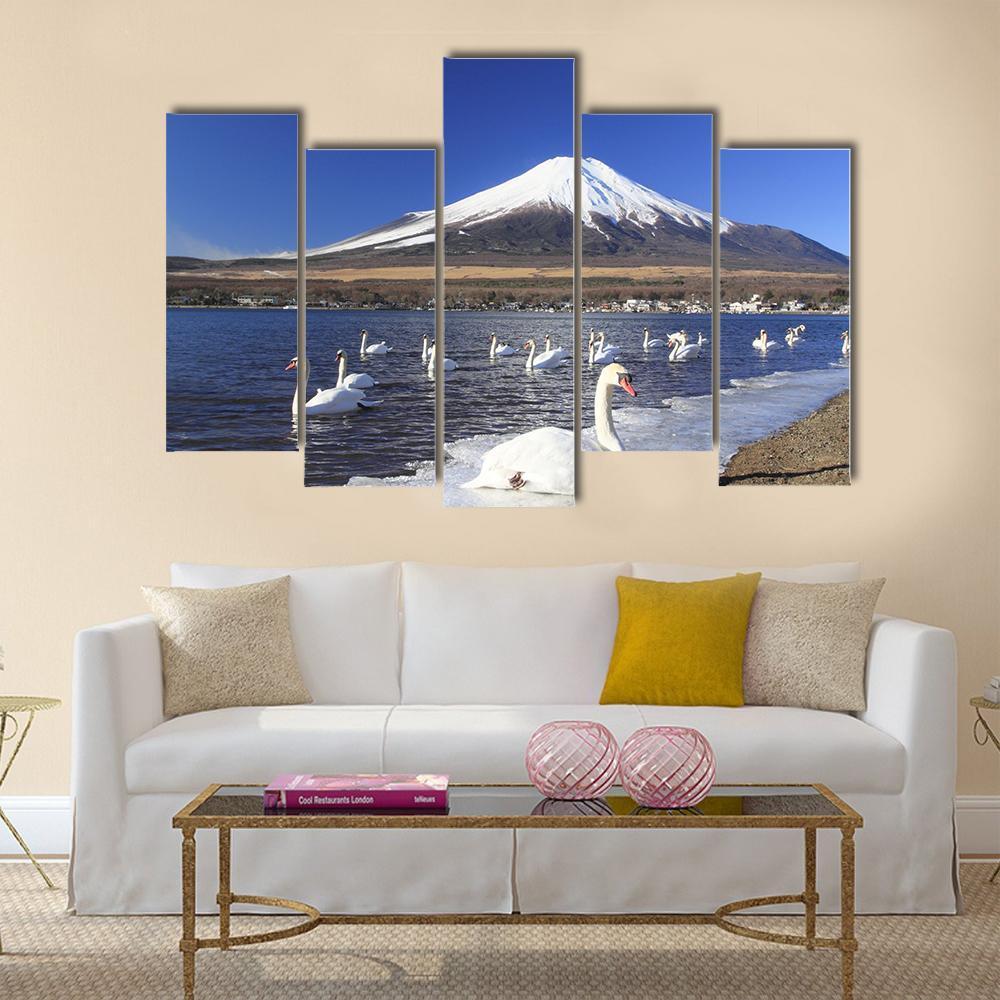 Swans Infront Of Mount Fuji Canvas Wall Art-5 Pop-Gallery Wrap-47" x 32"-Tiaracle