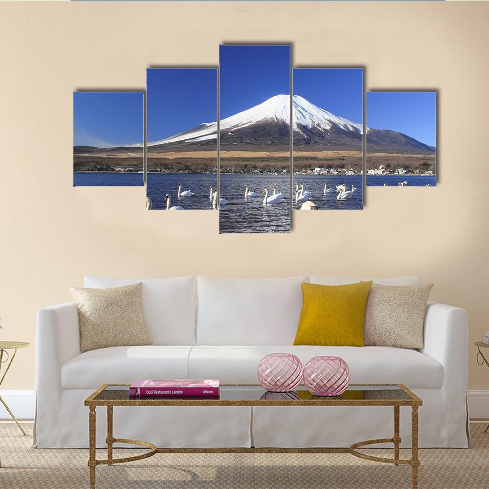 Swans Infront Of Mount Fuji Canvas Wall Art-5 Star-Gallery Wrap-62" x 32"-Tiaracle