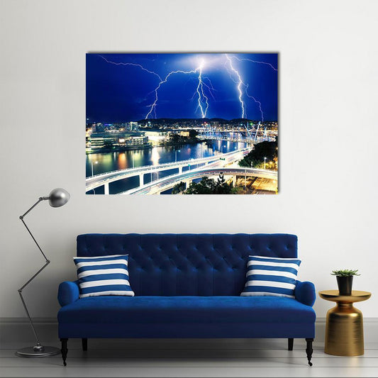 Lightning Strikes Over River Canvas Wall Art-1 Piece-Gallery Wrap-48" x 32"-Tiaracle