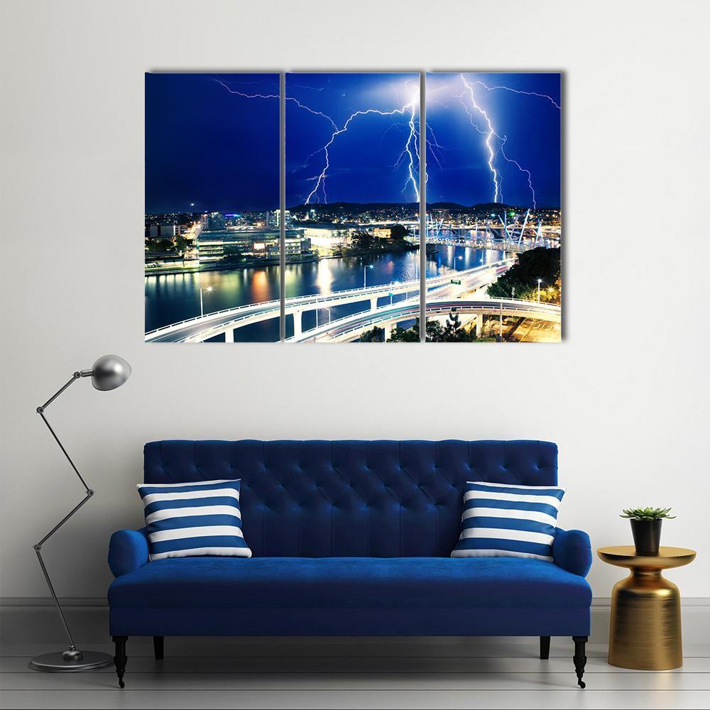 Lightning Strikes Over River Canvas Wall Art-3 Horizontal-Gallery Wrap-37" x 24"-Tiaracle