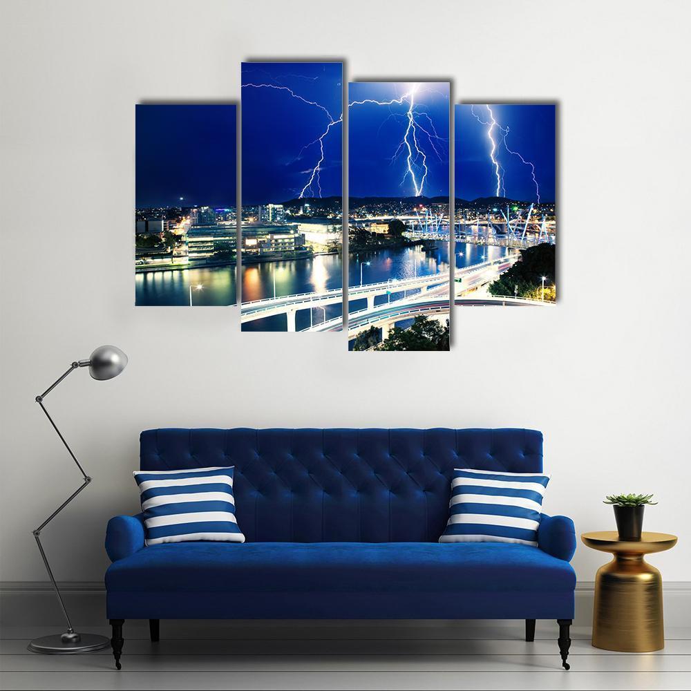 Lightning Strikes Over River Canvas Wall Art-4 Pop-Gallery Wrap-50" x 32"-Tiaracle