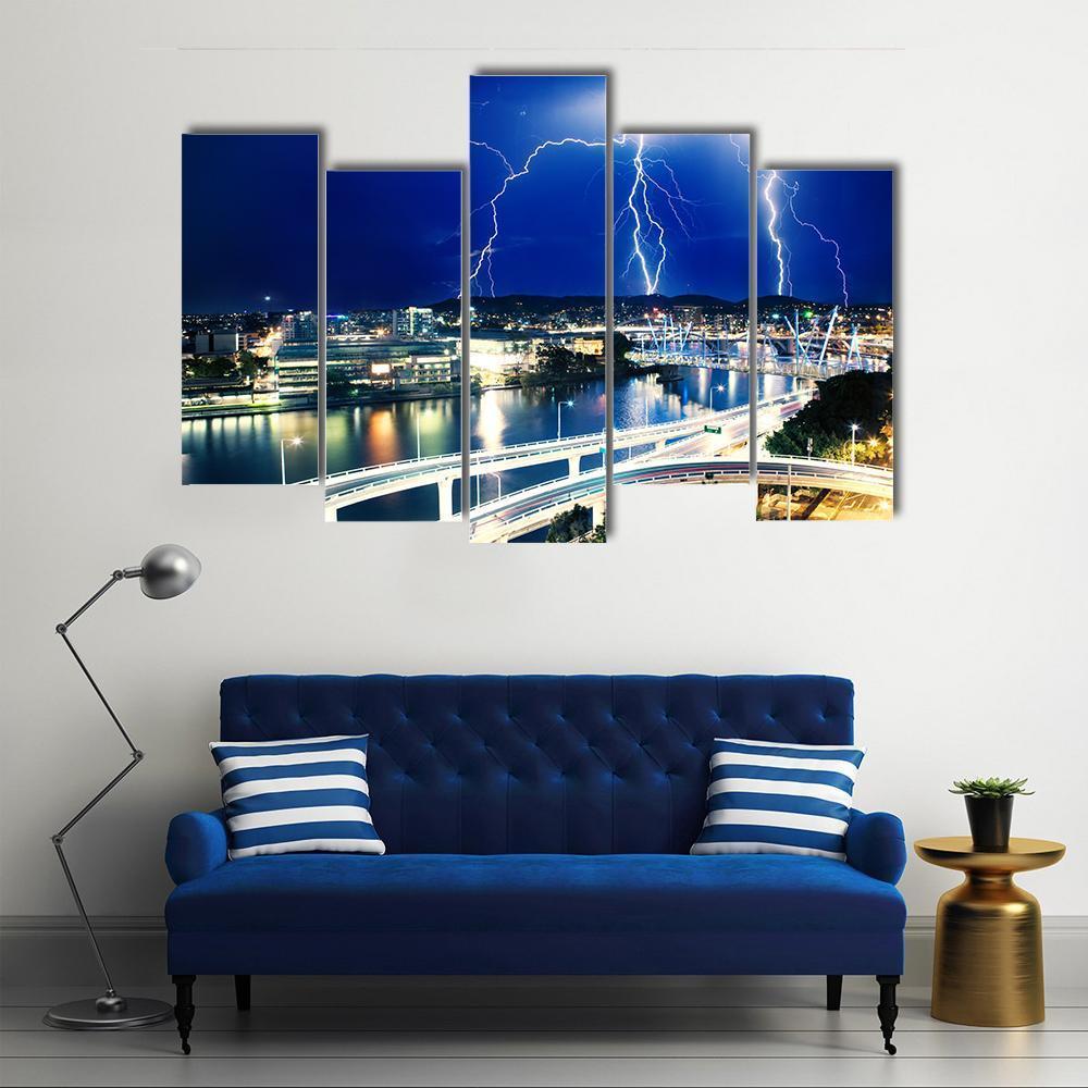 Lightning Strikes Over River Canvas Wall Art-5 Pop-Gallery Wrap-47" x 32"-Tiaracle