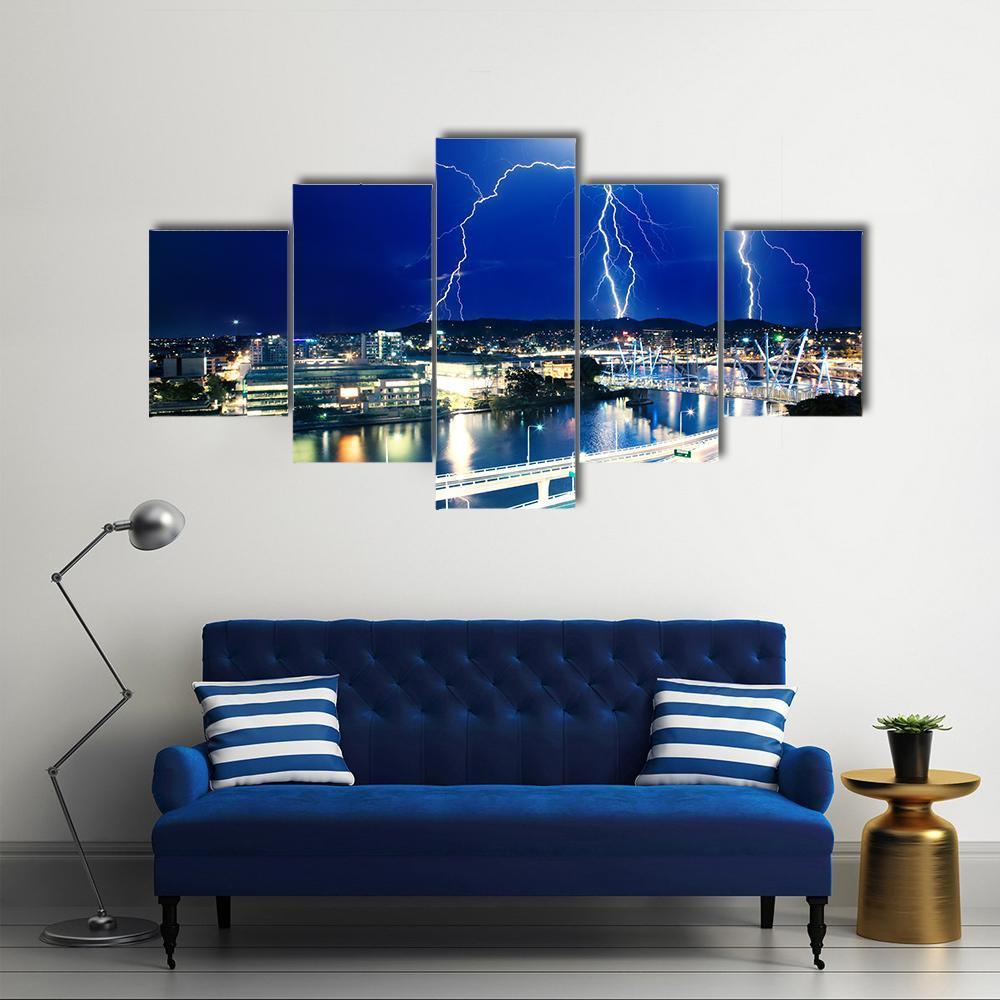 Lightning Strikes Over River Canvas Wall Art-5 Star-Gallery Wrap-62" x 32"-Tiaracle