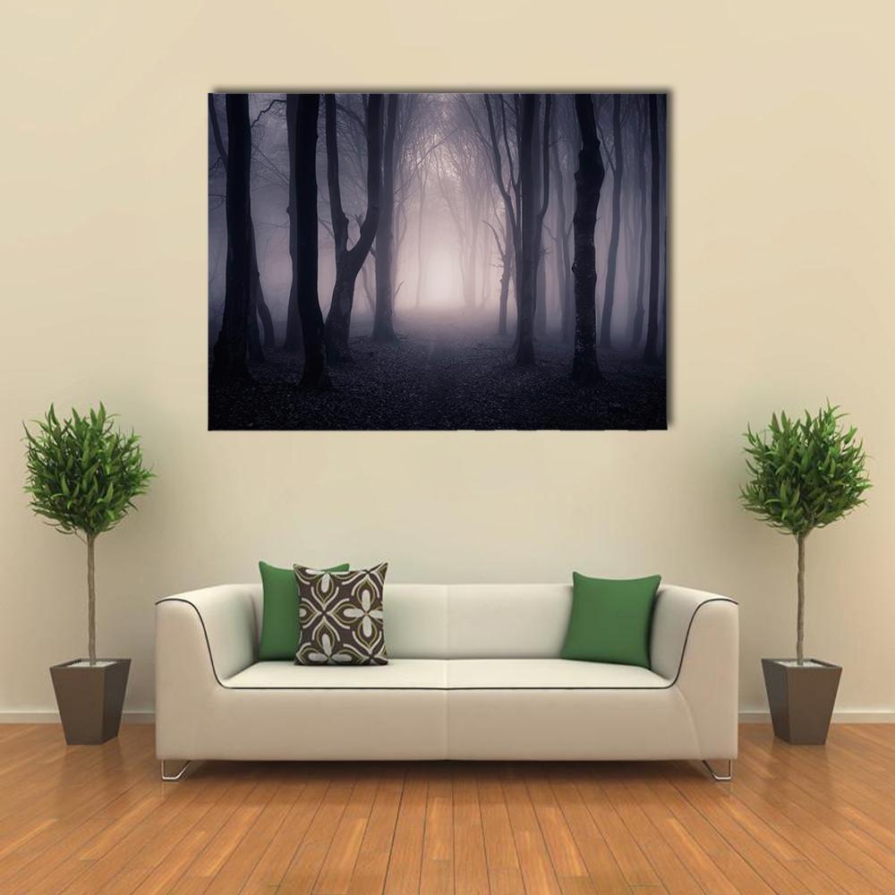 Dark Foggy Forest Path Canvas Wall Art-1 Piece-Gallery Wrap-48" x 32"-Tiaracle