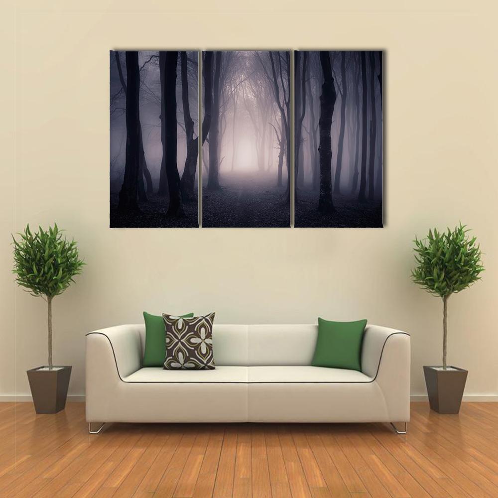 Dark Foggy Forest Path Canvas Wall Art-3 Horizontal-Gallery Wrap-37" x 24"-Tiaracle