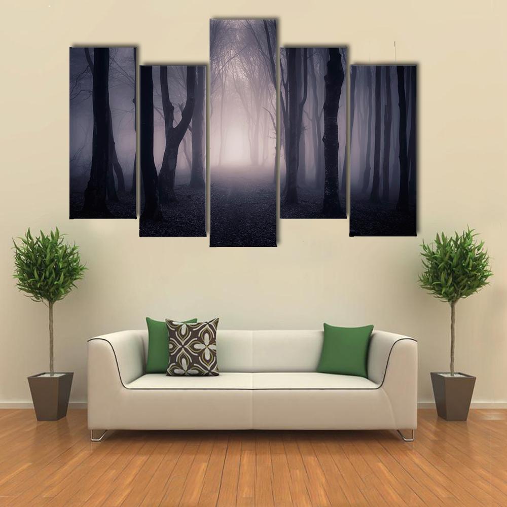 Dark Foggy Forest Path Canvas Wall Art-5 Pop-Gallery Wrap-47" x 32"-Tiaracle