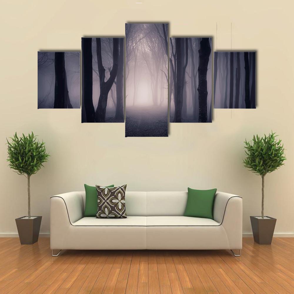 Dark Foggy Forest Path Canvas Wall Art-5 Star-Gallery Wrap-62" x 32"-Tiaracle