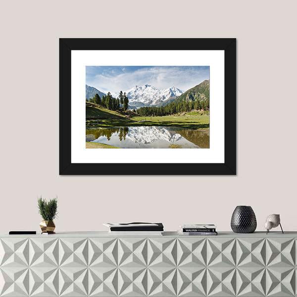 Nanga Parbat Reflecting In Pond Canvas Wall Art-1 Piece-Framed Print-20" x 16"-Tiaracle