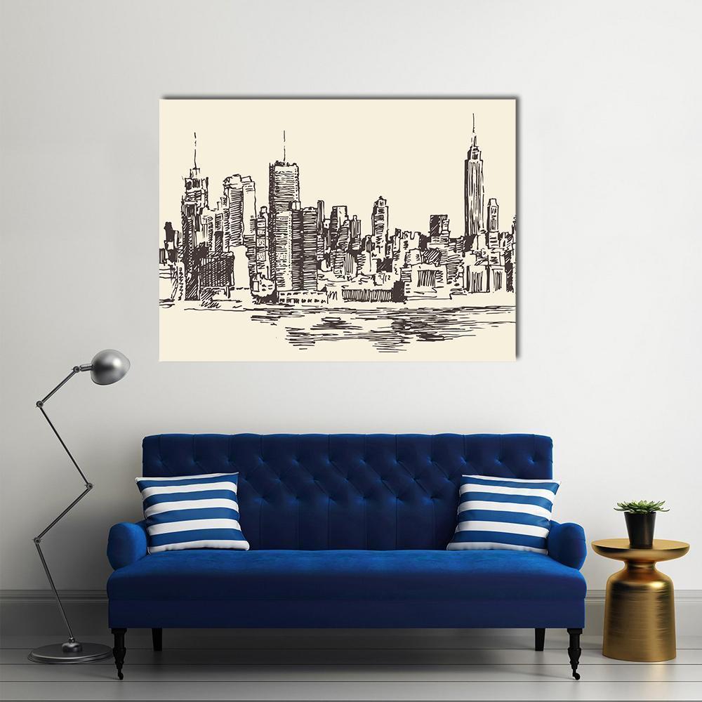 New York City Sketch Canvas Wall Art-1 Piece-Gallery Wrap-48" x 32"-Tiaracle
