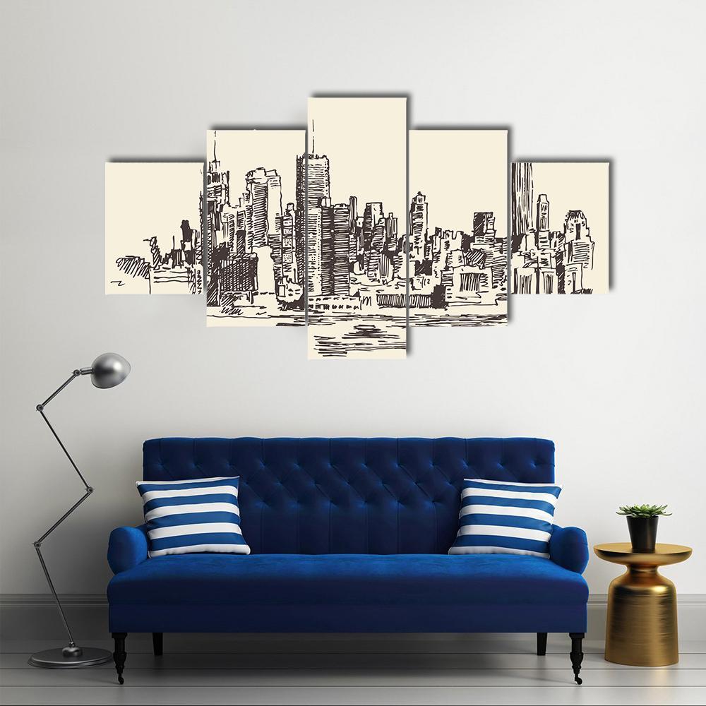 New York City Sketch Canvas Wall Art-5 Star-Gallery Wrap-62" x 32"-Tiaracle