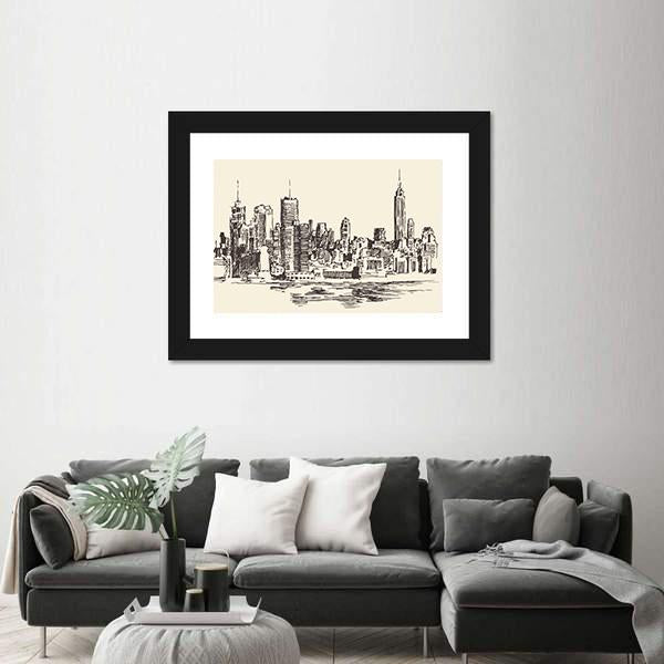 New York City Sketch Canvas Wall Art-3 Horizontal-Gallery Wrap-25" x 16"-Tiaracle