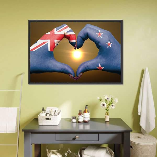 New Zealand Flag On Hands Canvas Wall Art-1 Piece-Floating Frame-24" x 16"-Tiaracle