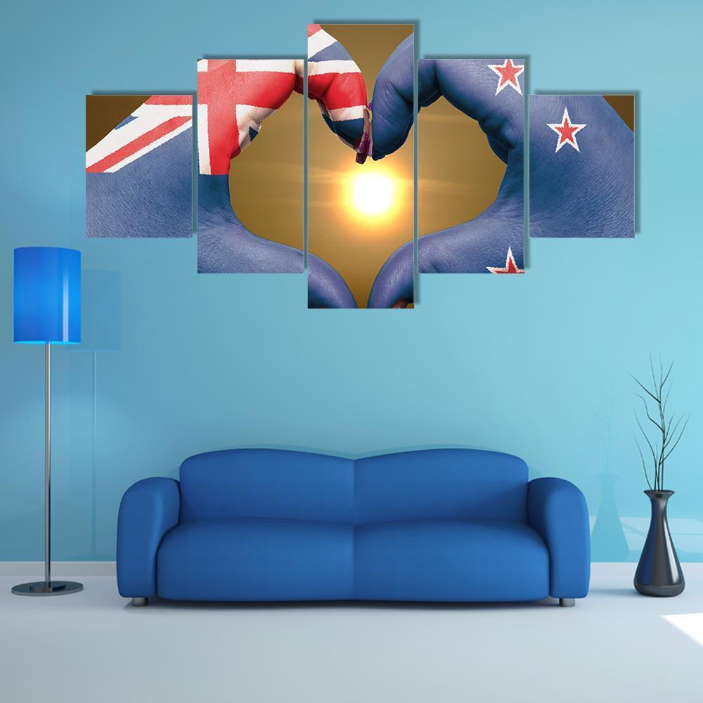 New Zealand Flag On Hands Canvas Wall Art-5 Star-Gallery Wrap-62" x 32"-Tiaracle