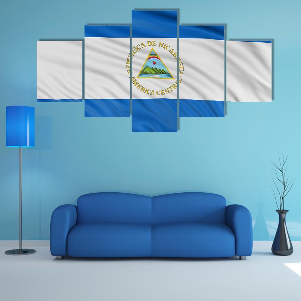 Waving Nicaragua Flag Canvas Wall Art-5 Star-Gallery Wrap-62" x 32"-Tiaracle