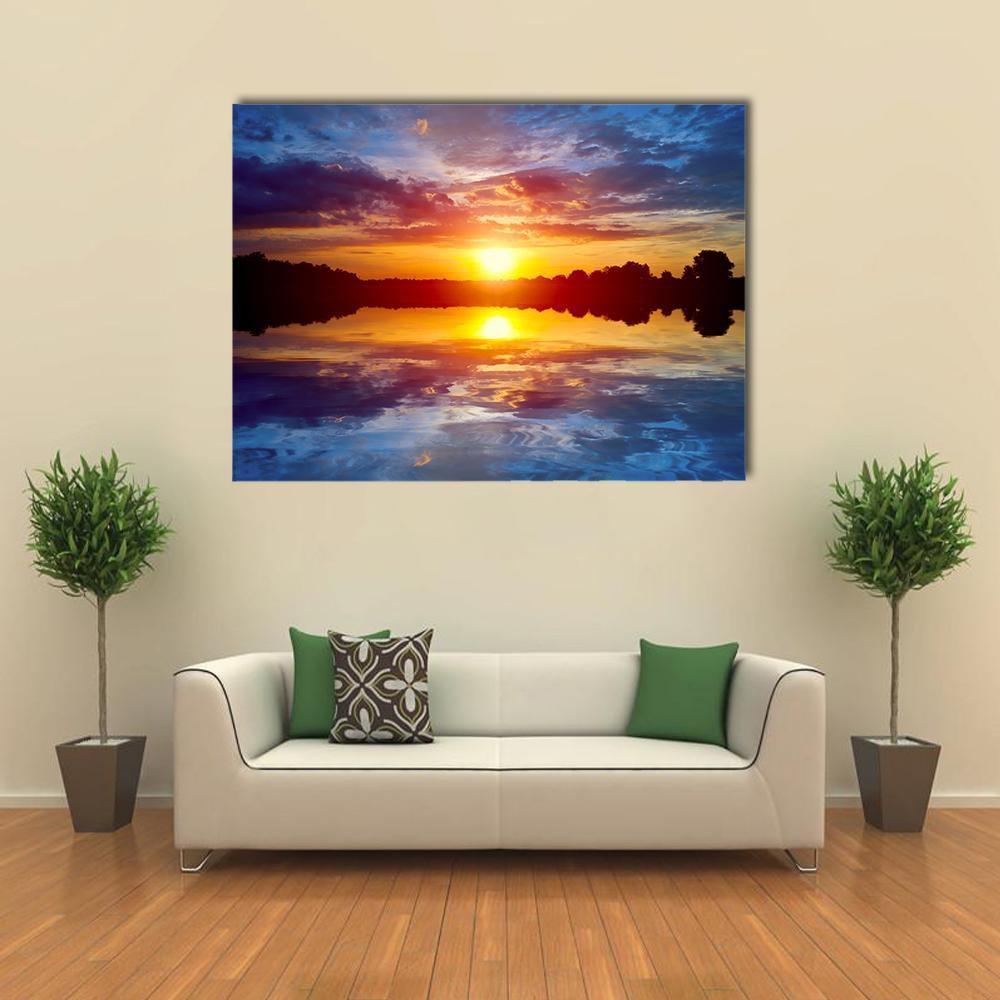 Sunset Scene On Lake Canvas Wall Art-1 Piece-Gallery Wrap-48" x 32"-Tiaracle