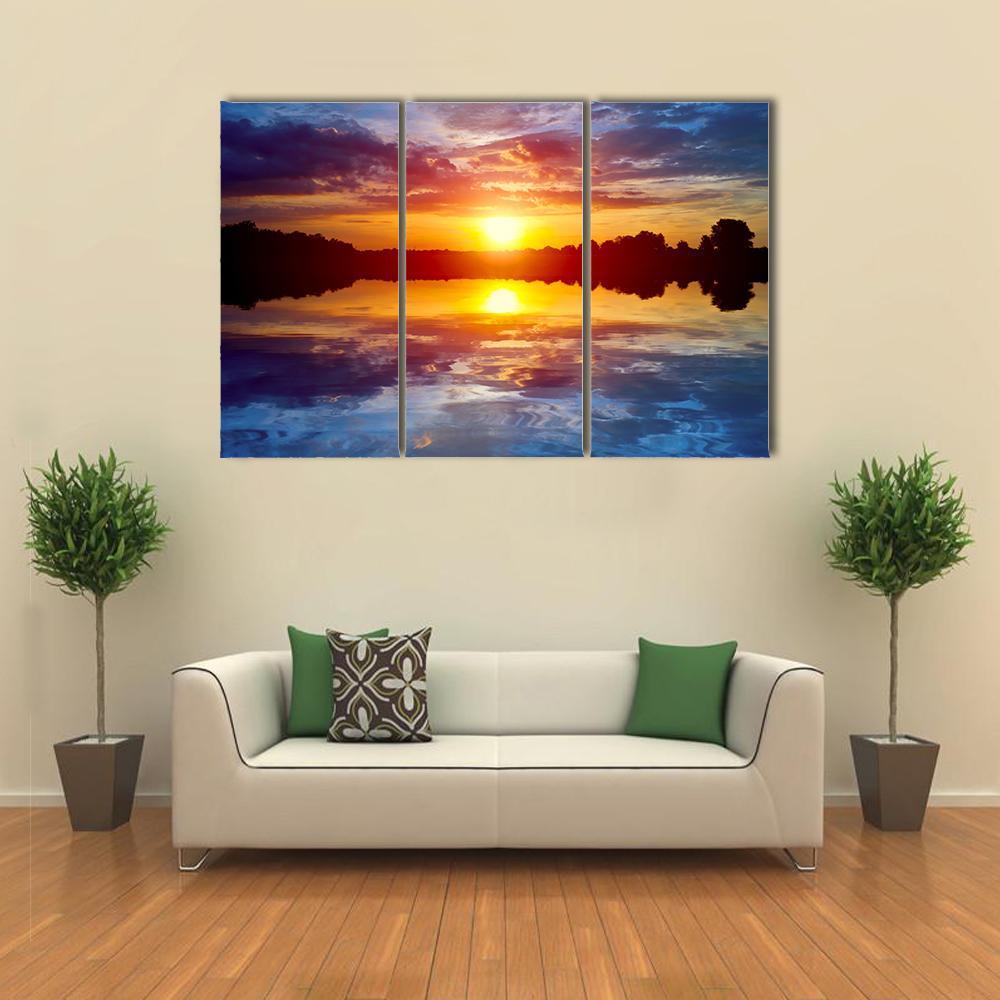 Sunset Scene On Lake Canvas Wall Art-3 Horizontal-Gallery Wrap-37" x 24"-Tiaracle