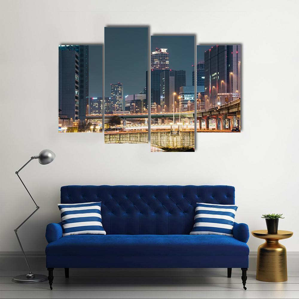 Night In Downtown Osaka Canvas Wall Art-4 Pop-Gallery Wrap-50" x 32"-Tiaracle