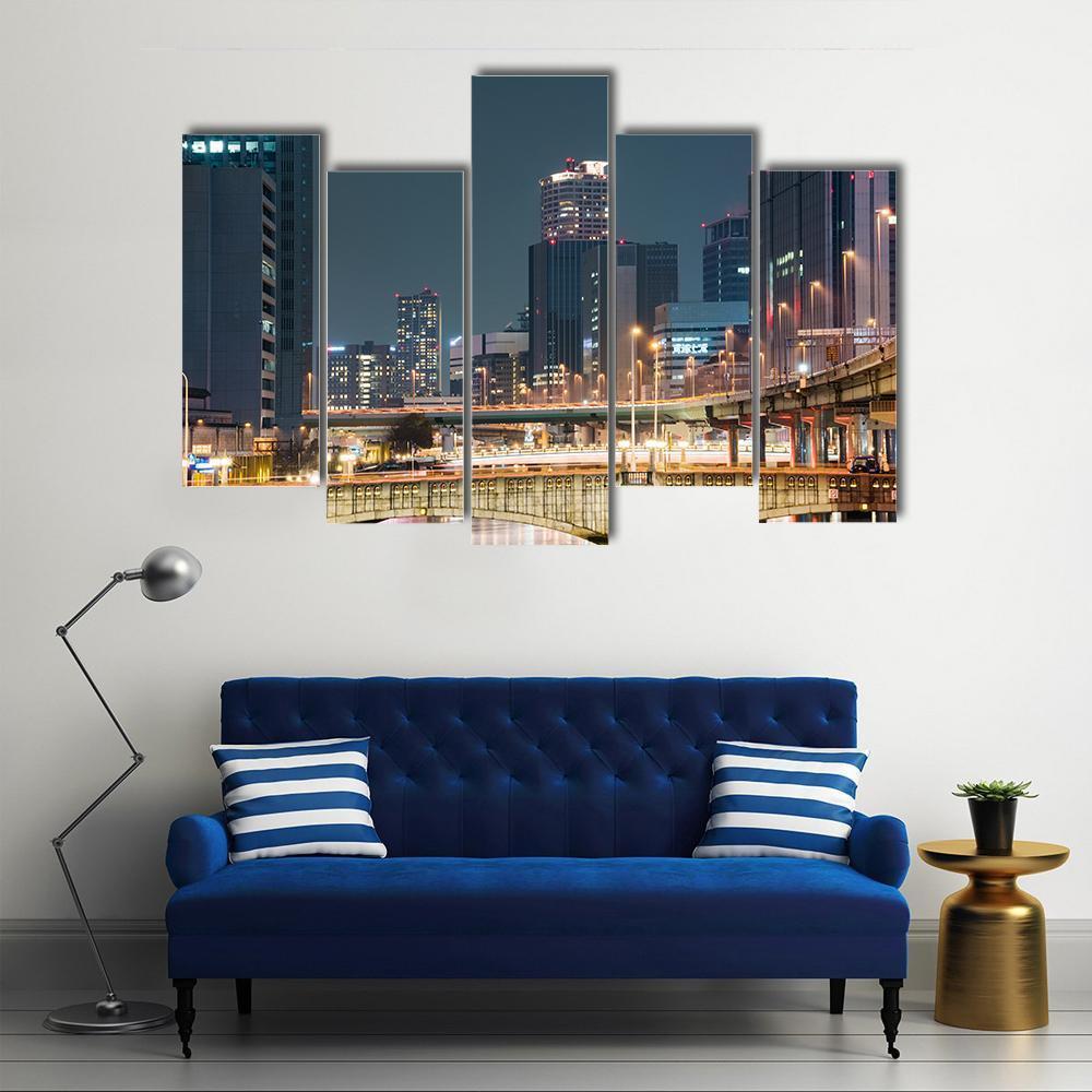 Night In Downtown Osaka Canvas Wall Art-5 Pop-Gallery Wrap-47" x 32"-Tiaracle