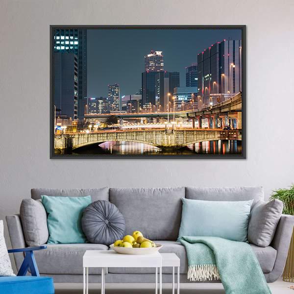 Night In Downtown Osaka Canvas Wall Art-1 Piece-Floating Frame-24" x 16"-Tiaracle