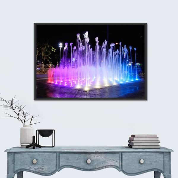 Night Musical Fountains Canvas Wall Art-1 Piece-Floating Frame-24" x 16"-Tiaracle