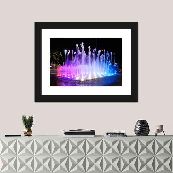 Night Musical Fountains Canvas Wall Art-1 Piece-Framed Print-20" x 16"-Tiaracle