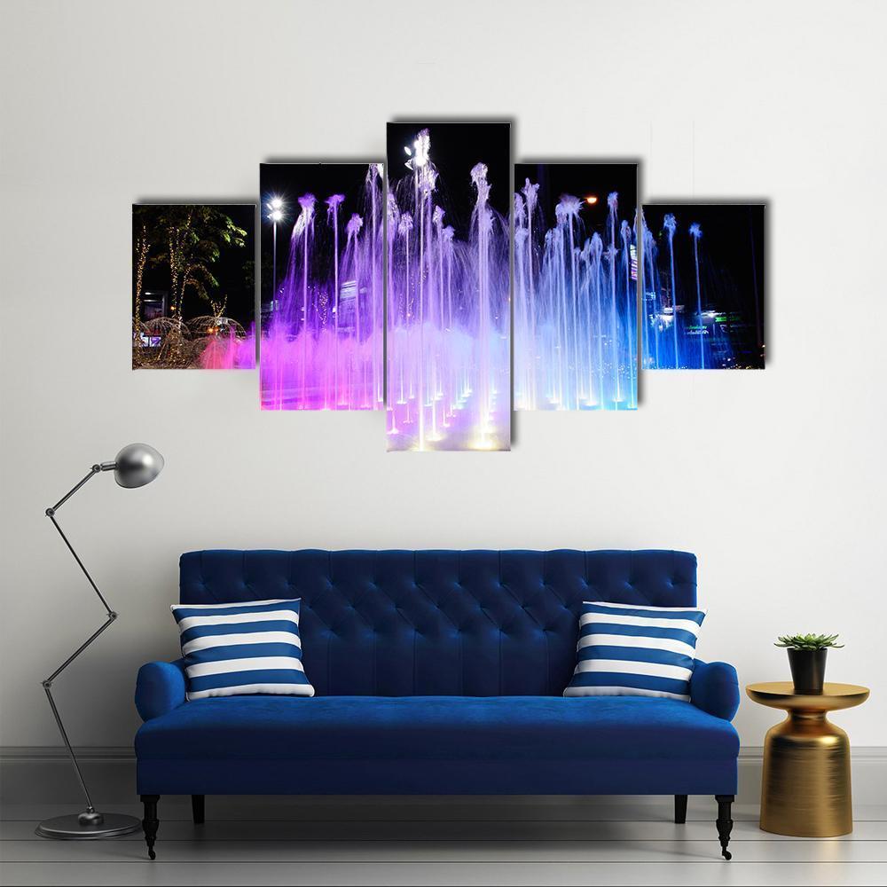 Night Musical Fountains Canvas Wall Art-5 Star-Gallery Wrap-62" x 32"-Tiaracle