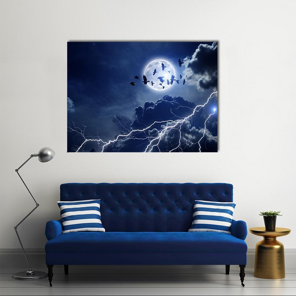 Moon Lightning & Dark Clouds Canvas Wall Art-1 Piece-Gallery Wrap-48" x 32"-Tiaracle