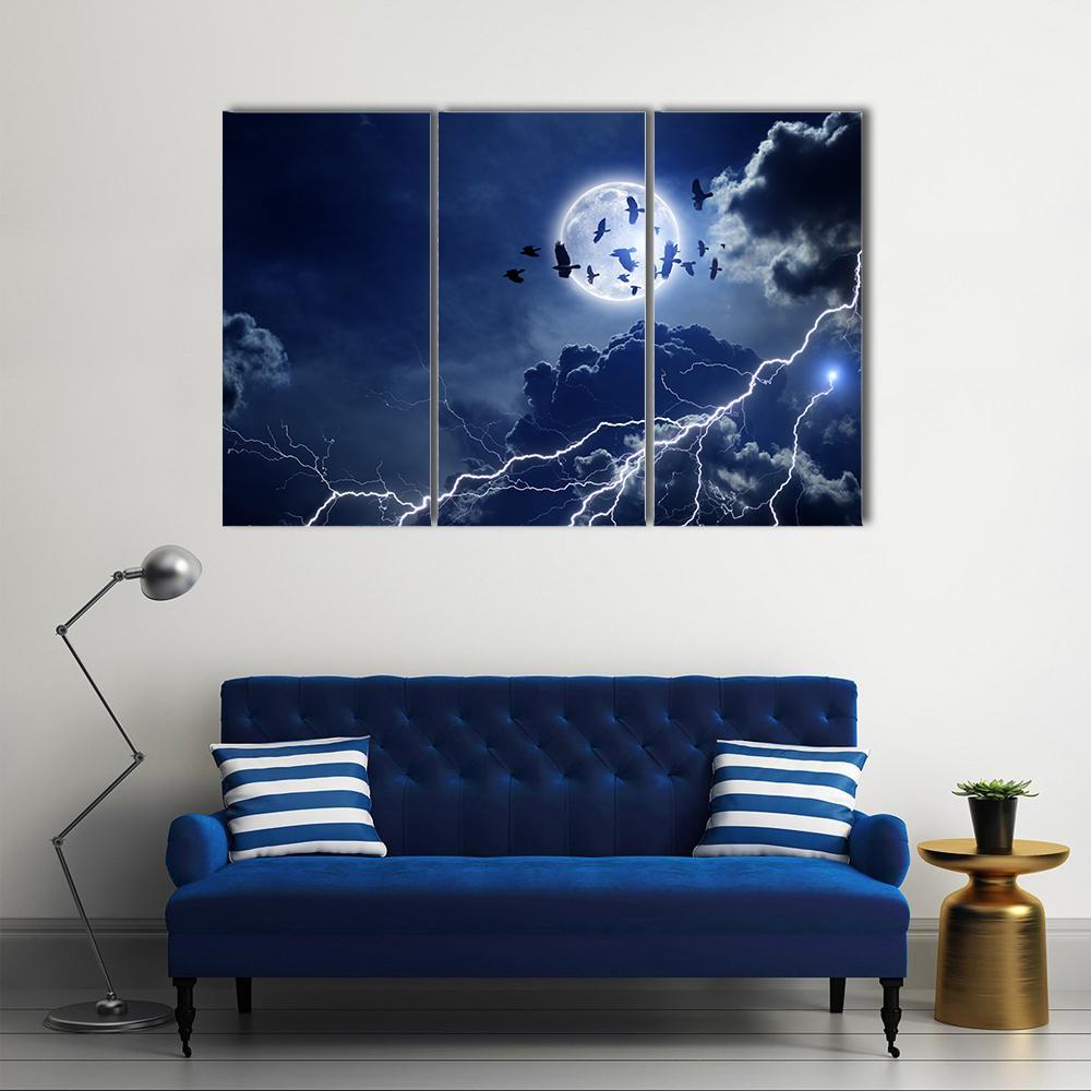 Moon Lightning & Dark Clouds Canvas Wall Art-3 Horizontal-Gallery Wrap-37" x 24"-Tiaracle