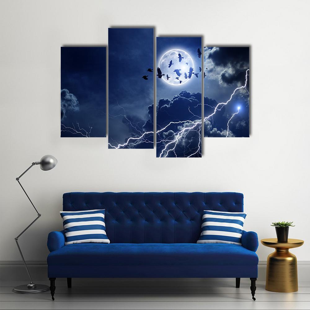 Moon Lightning & Dark Clouds Canvas Wall Art-4 Pop-Gallery Wrap-50" x 32"-Tiaracle