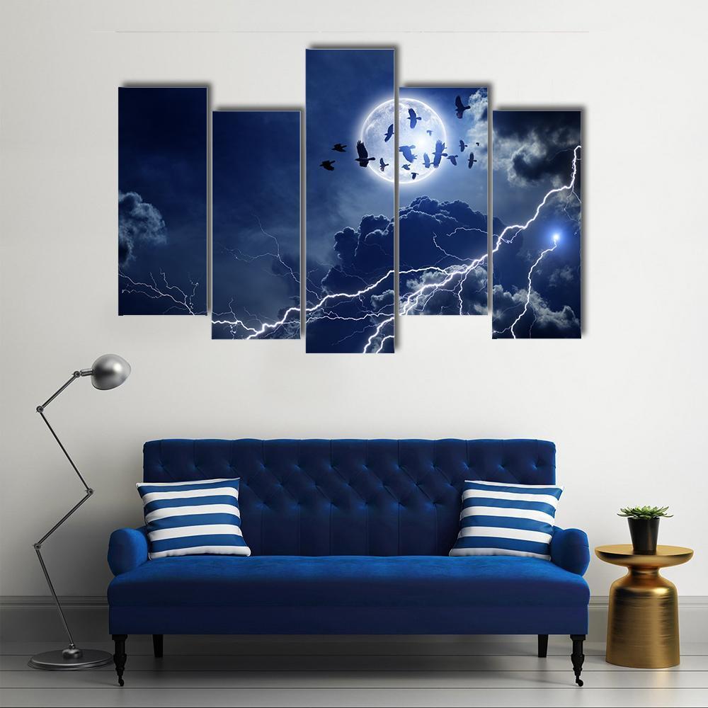 Moon Lightning & Dark Clouds Canvas Wall Art-5 Pop-Gallery Wrap-47" x 32"-Tiaracle