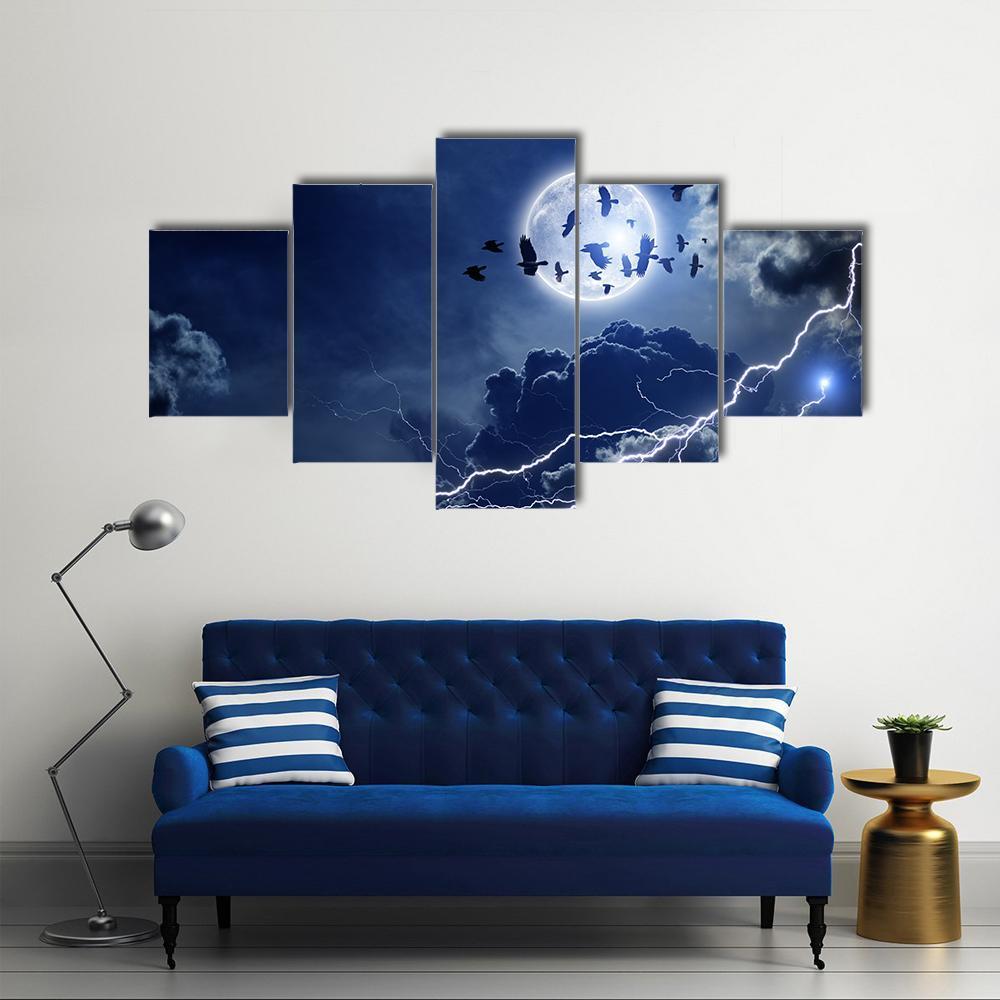 Moon Lightning & Dark Clouds Canvas Wall Art-5 Star-Gallery Wrap-62" x 32"-Tiaracle