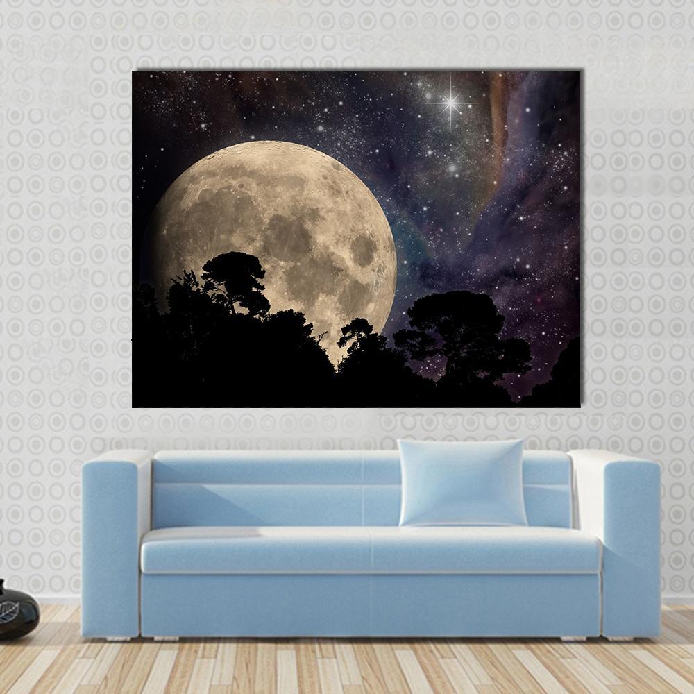 Night Sky With Moon Canvas Wall Art-1 Piece-Gallery Wrap-48" x 32"-Tiaracle