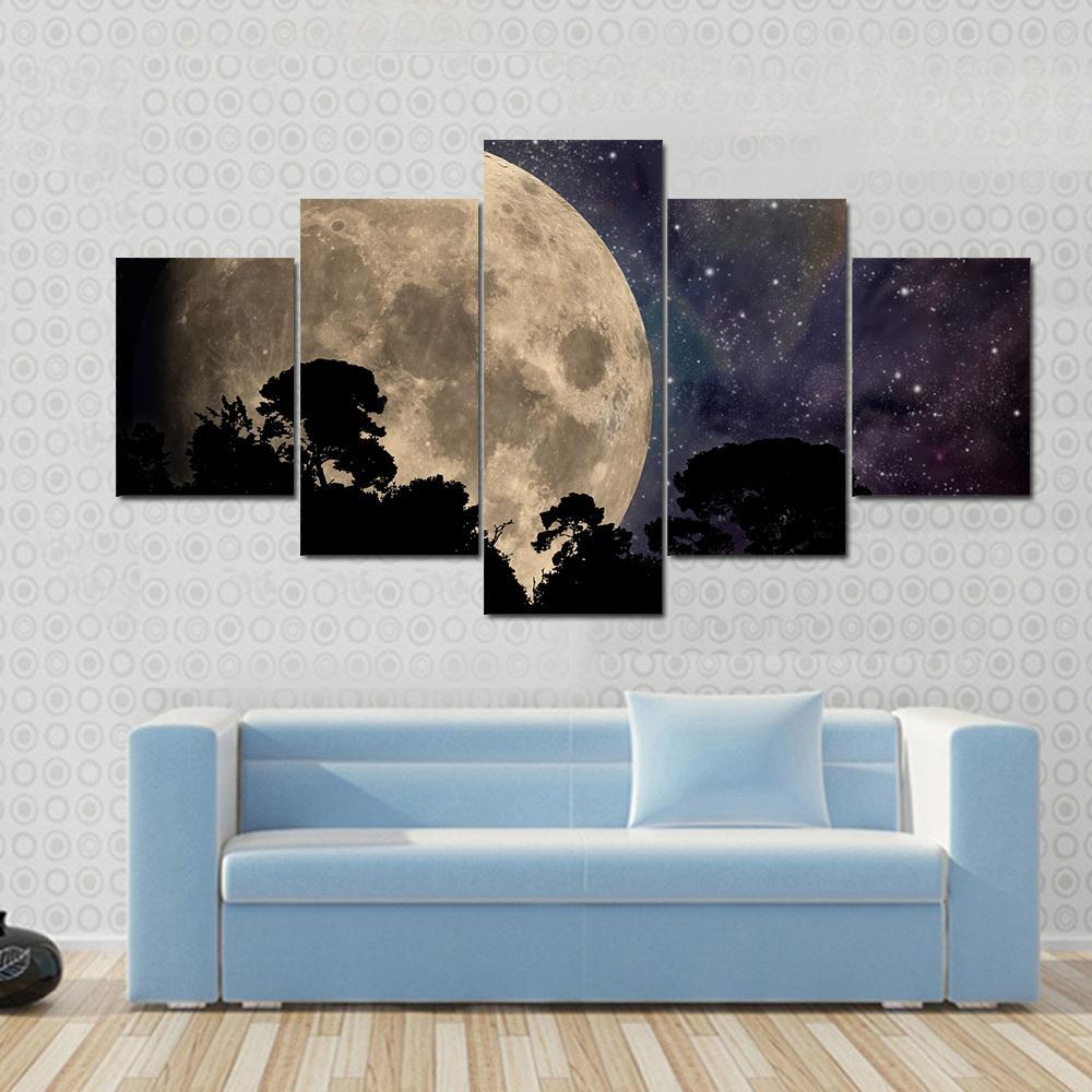 Night Sky With Moon Canvas Wall Art-5 Star-Gallery Wrap-62" x 32"-Tiaracle