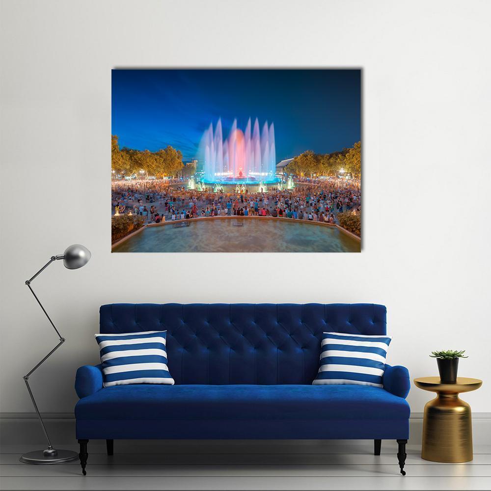 Magic Fountain in Barcelona Canvas Wall Art-1 Piece-Gallery Wrap-48" x 32"-Tiaracle