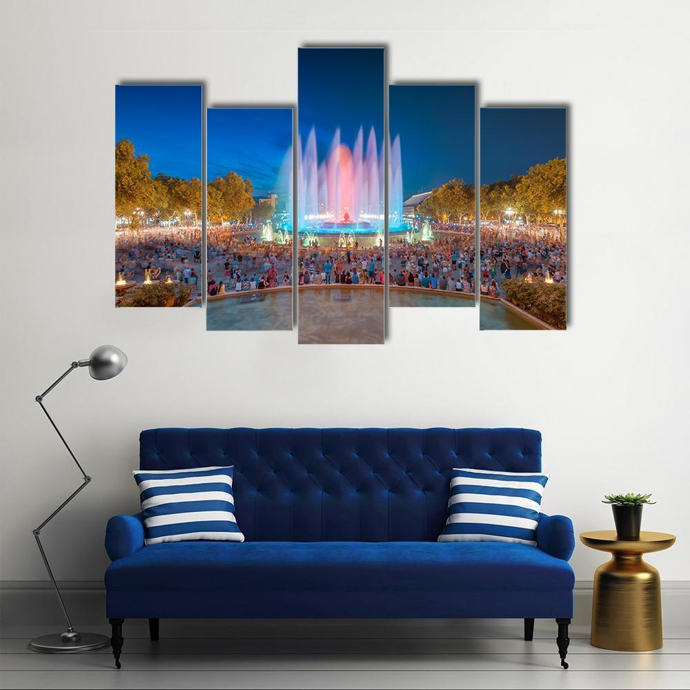 Magic Fountain in Barcelona Canvas Wall Art-5 Pop-Gallery Wrap-47" x 32"-Tiaracle