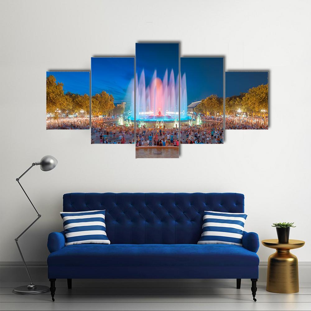 Magic Fountain in Barcelona Canvas Wall Art-5 Star-Gallery Wrap-62" x 32"-Tiaracle