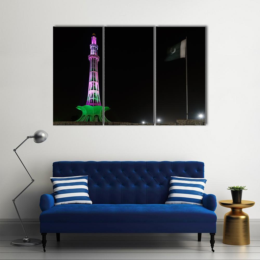 Minar-E-Pakistan At Night Canvas Wall Art-3 Horizontal-Gallery Wrap-37" x 24"-Tiaracle