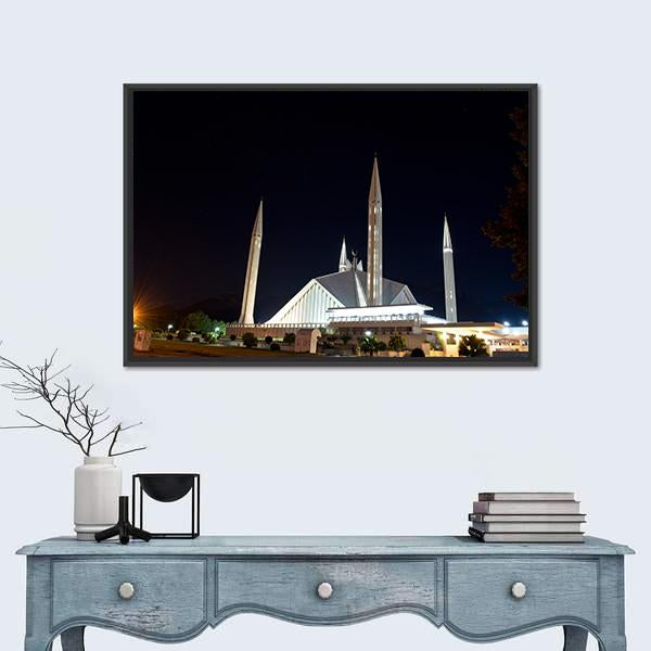 Night View Of Shah Faisal Mosque Canvas Wall Art-1 Piece-Floating Frame-24" x 16"-Tiaracle