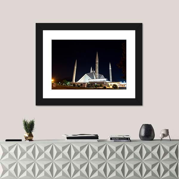 Night View Of Shah Faisal Mosque Canvas Wall Art-1 Piece-Framed Print-20" x 16"-Tiaracle