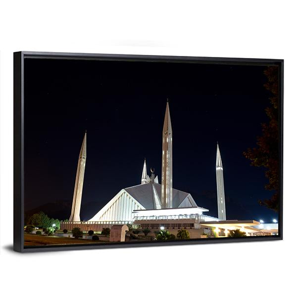 Night View Of Shah Faisal Mosque Canvas Wall Art-3 Horizontal-Gallery Wrap-25" x 16"-Tiaracle