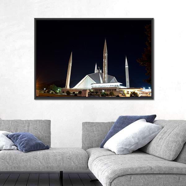 Night View Of Shah Faisal Mosque Canvas Wall Art-3 Horizontal-Gallery Wrap-25" x 16"-Tiaracle