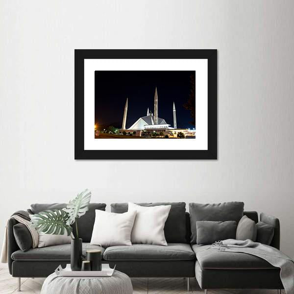 Night View Of Shah Faisal Mosque Canvas Wall Art-3 Horizontal-Gallery Wrap-25" x 16"-Tiaracle