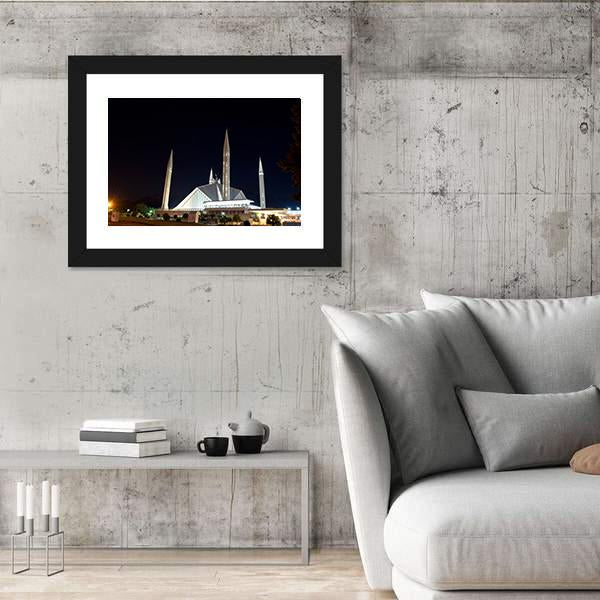 Night View Of Shah Faisal Mosque Canvas Wall Art-3 Horizontal-Gallery Wrap-25" x 16"-Tiaracle